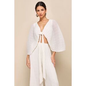 Lulus Pristine Presence Ivory Plisse Tie-front Dolman Sleeve Crop Top White